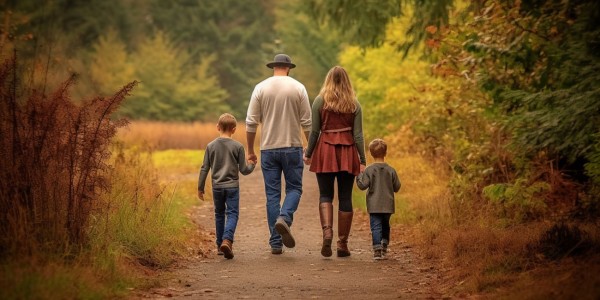 Young family walking through campbell valley park in surrey