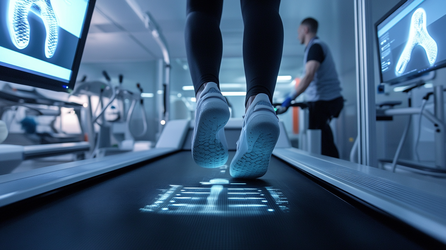 A persons feet walking on a treadmill with motion capture sensors