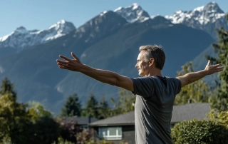 Man doing morning stretches with a mountain view