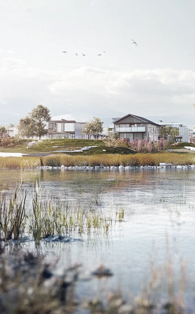 Landscape - portrait of houses in front of a lake