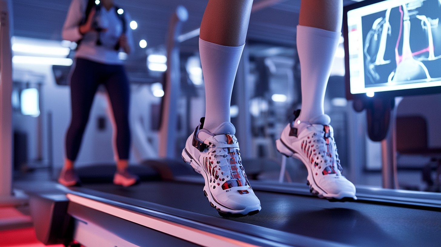 White shoes elevated above treadmill with person running in background