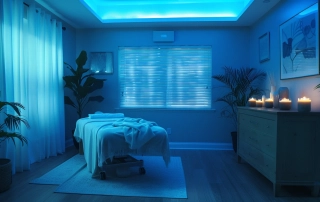 Chiropractic bed in a room with candles with blue lightning copy