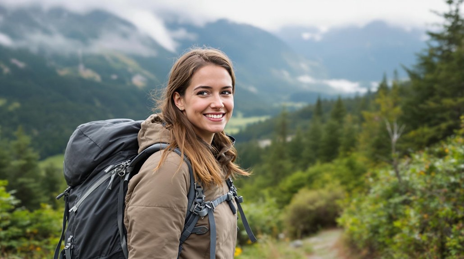 Happy Woman Hiking In The Mountains With Backpack | Gps: 49.178808, -122.631848 Happy woman hiking in the mountains with backpack | gps: 49. 178808, -122. 631848