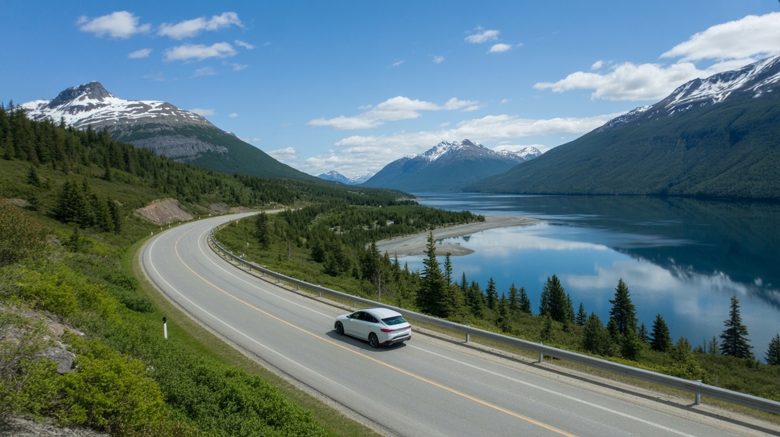 Scenic road mountain lake view car driving