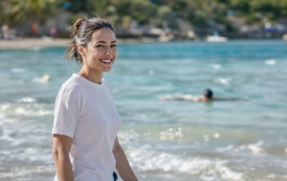 Smiling woman stands at the shoreline while gentle waves roll in and another person swims in the clear blue sea behind her.