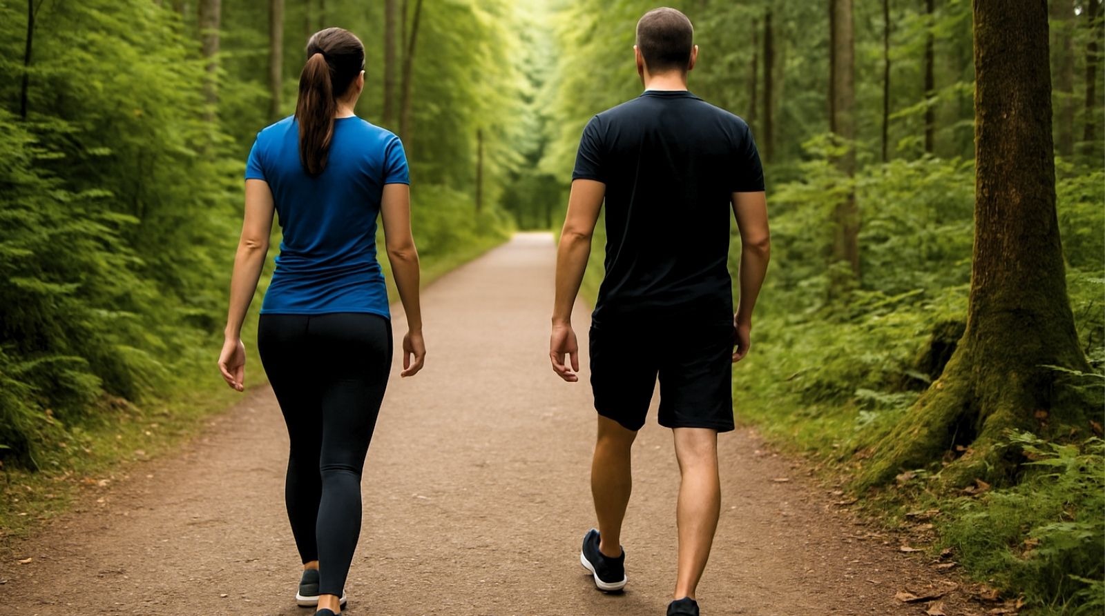 Walking Forest Path Back Pain Relief – Chc Two people in athletic wear walk with upright posture along a tree-lined forest trail, demonstrating proper walking form.