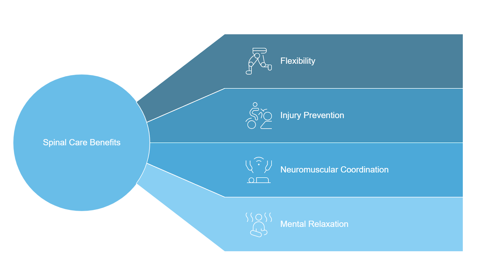 Spinal care benefits chart with four panels showing flexibility, injury prevention, neuromuscular coordination and mental relaxation.