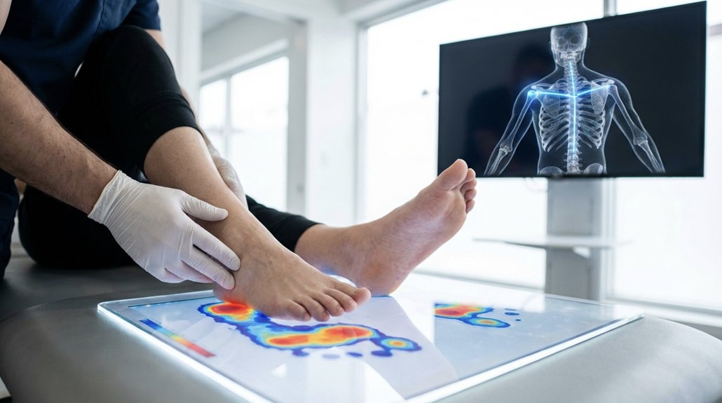 Chiropractor evaluating foot health using technology and scans