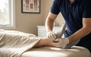 Chiropractor treating patient leg with therapy techniques